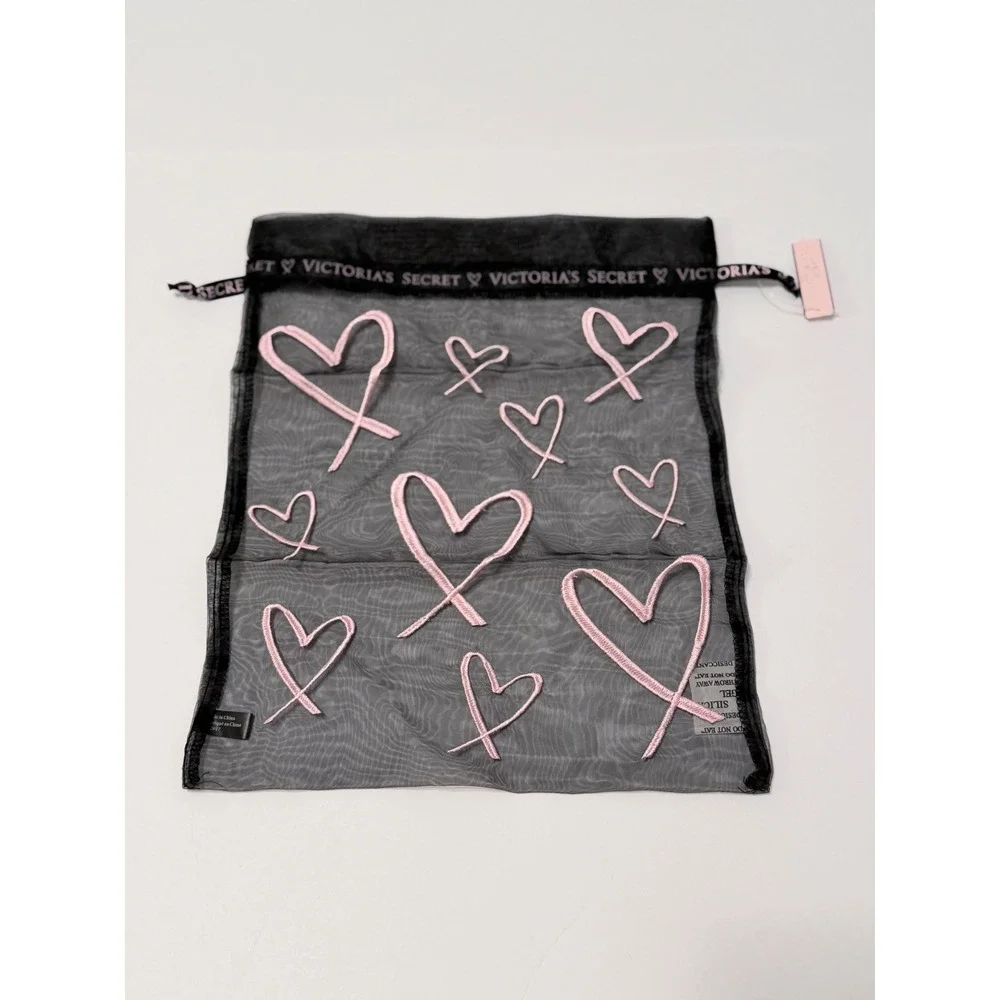 Victoria's Secret Black Mesh Heart Embroidered Lingerie Drawstring Bag NWT